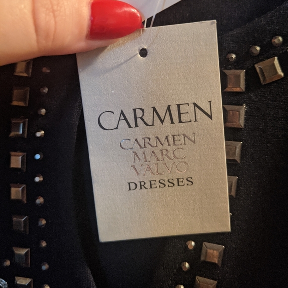 🆕WT Carmen Marc Valvo Midnight Navy Ponte Dress With Silver Studs - Picture 5 of 6